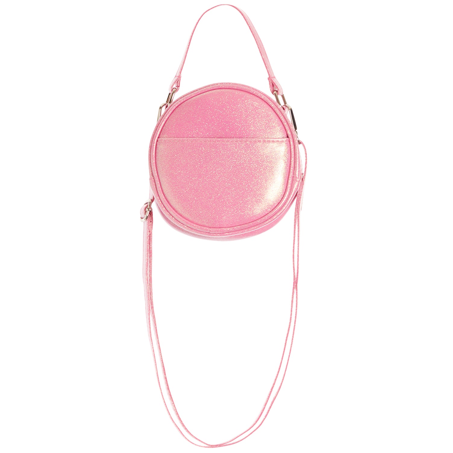 A pink glittery round crossbody bag with a matching thin shoulder strap and a long detachable strap, shown against a plain white background.