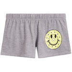 Gray heather shorts featuring a large yellow circular smiley face graphic on the right leg, set against a plain white background.