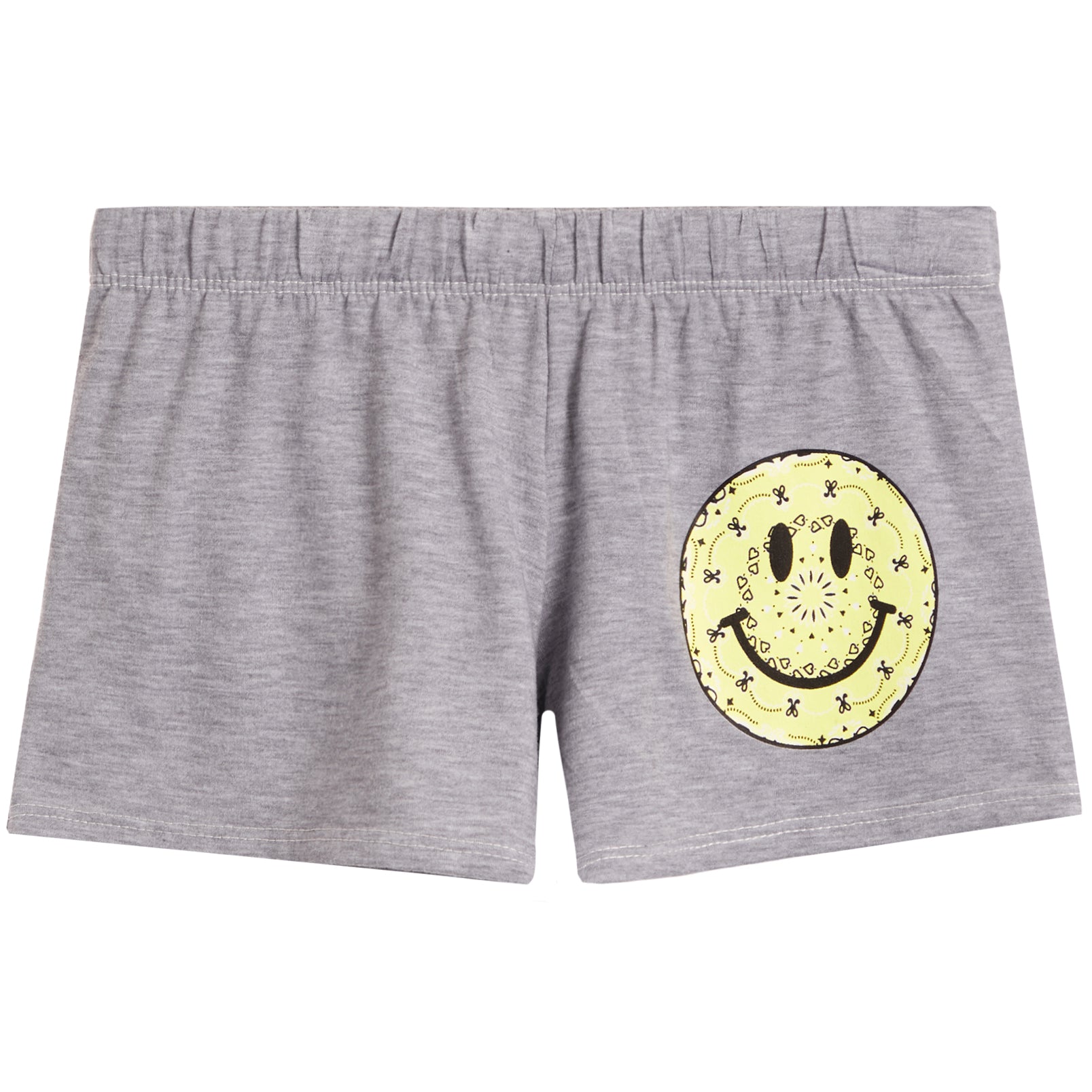 Gray heather shorts featuring a large yellow circular smiley face graphic on the right leg, set against a plain white background.