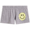 Gray heather shorts featuring a large yellow circular smiley face graphic on the right leg, set against a plain white background.