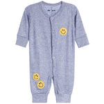 A baby long-sleeve footless romper in heathered light blue, featuring three yellow embroidered smiley faces on the front and lower legs, with snap-button closure down the front.
