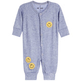 A baby long-sleeve footless romper in heathered light blue, featuring three yellow embroidered smiley faces on the front and lower legs, with snap-button closure down the front.