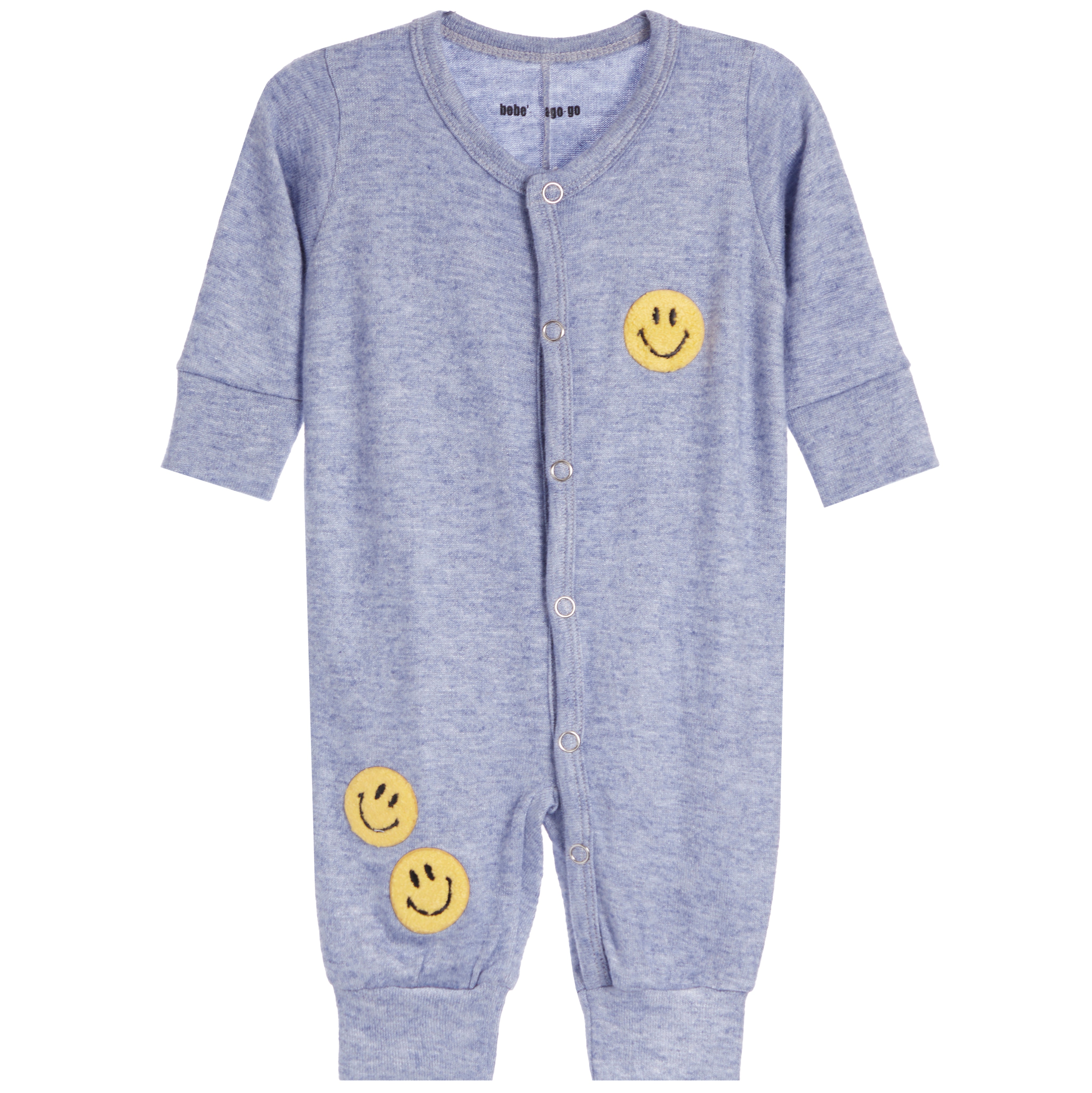 A baby long-sleeve footless romper in heathered light blue, featuring three yellow embroidered smiley faces on the front and lower legs, with snap-button closure down the front.