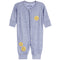 A baby long-sleeve footless romper in heathered light blue, featuring three yellow embroidered smiley faces on the front and lower legs, with snap-button closure down the front.