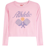 A light pink long-sleeve featuring a graphic print of crossed tennis rackets, a tennis ball, and the word 'Athletic' in purple script across the chest.
