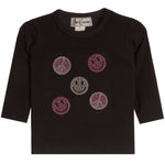 A black long-sleeve baby t-shirt with five rhinestone smiley face and peace sign graphics on the front, displayed flat against a white background.