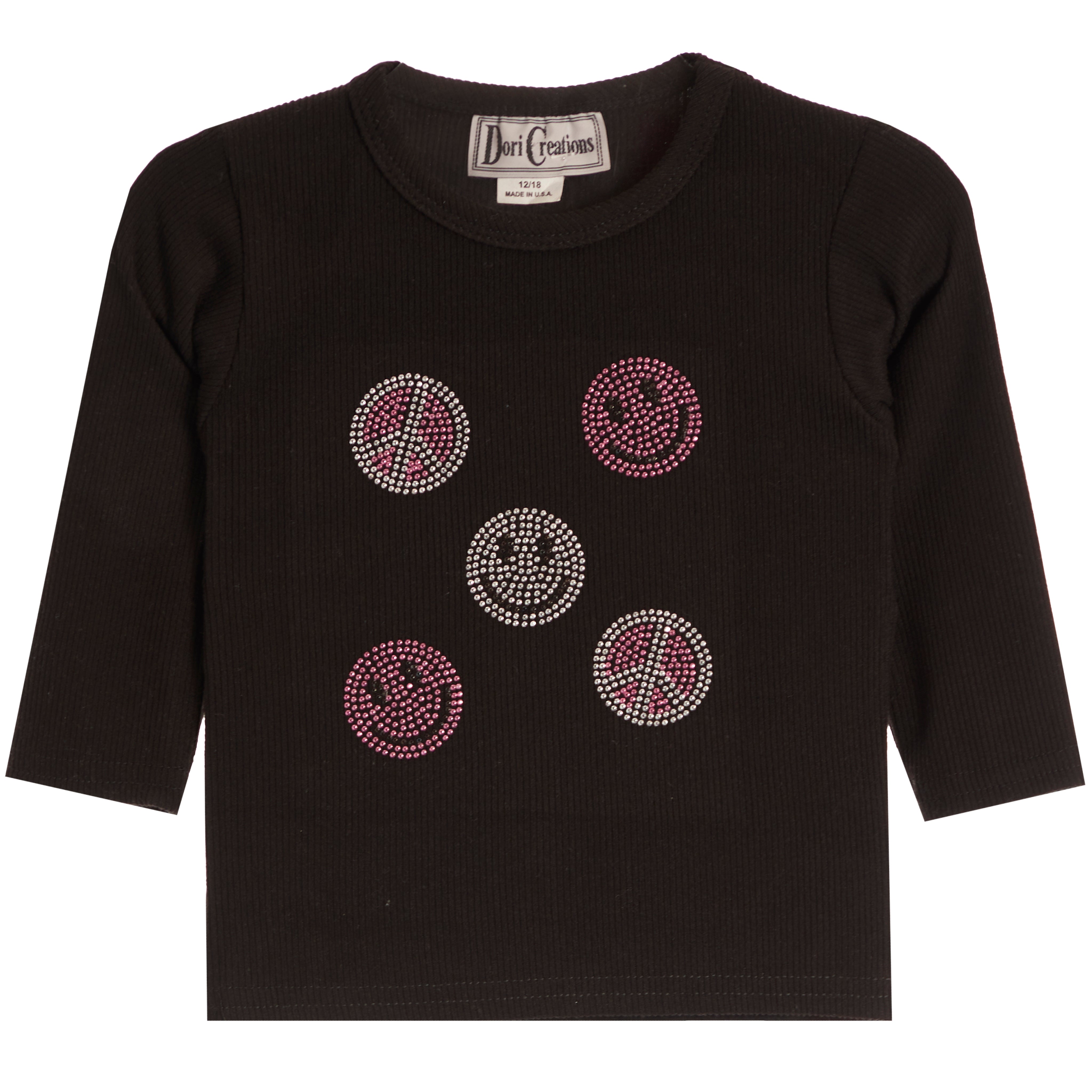 A black long-sleeve baby t-shirt with five rhinestone smiley face and peace sign graphics on the front, displayed flat against a white background.
