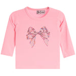 A pink long-sleeve ribbed knit top for kids, featuring a large, colorful rhinestone bow graphic on the chest. 