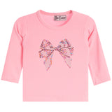 A pink long-sleeve ribbed knit top for kids, featuring a large, colorful rhinestone bow graphic on the chest. 