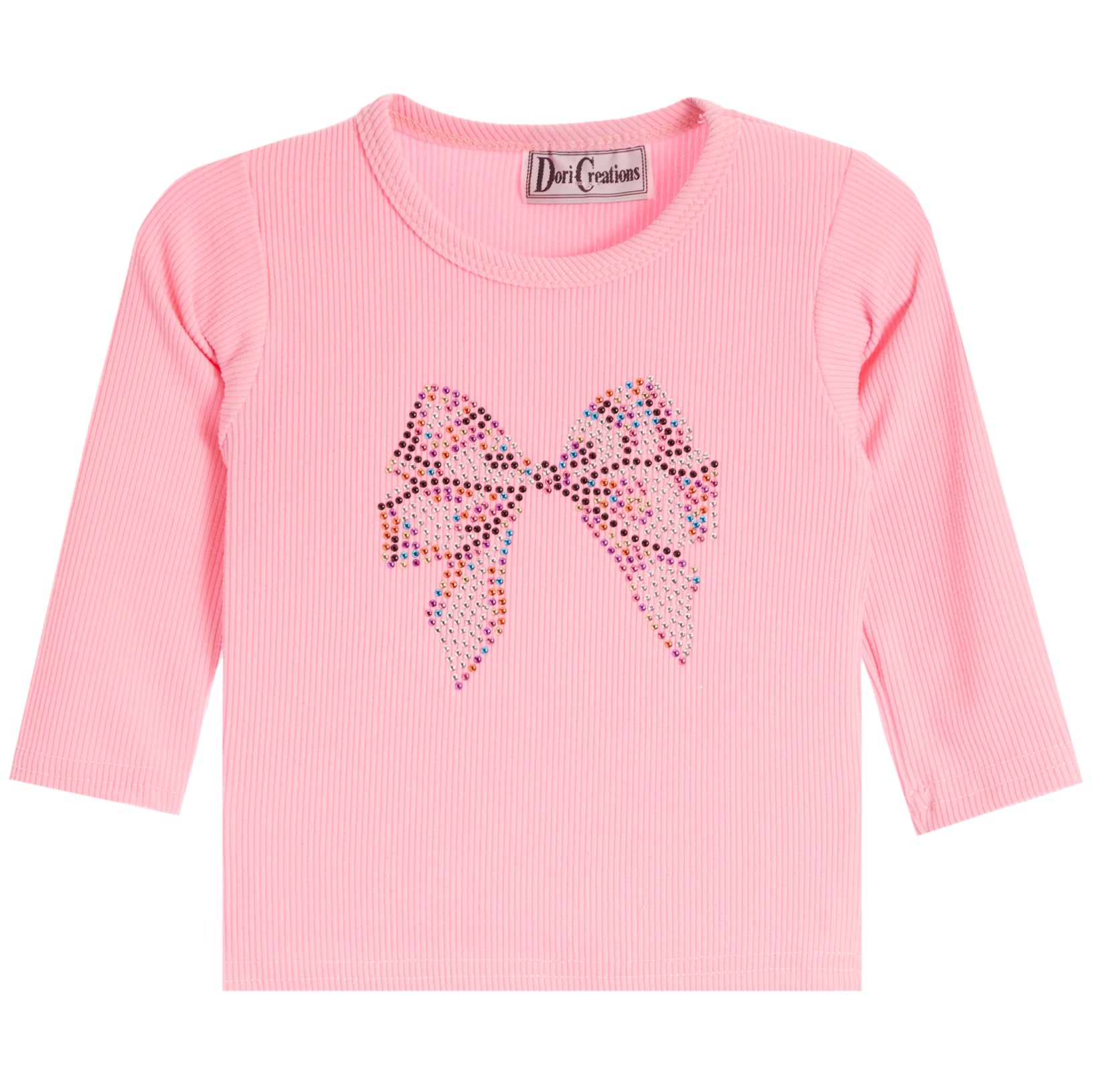 A pink long-sleeve ribbed knit top for kids, featuring a large, colorful rhinestone bow graphic on the chest. 