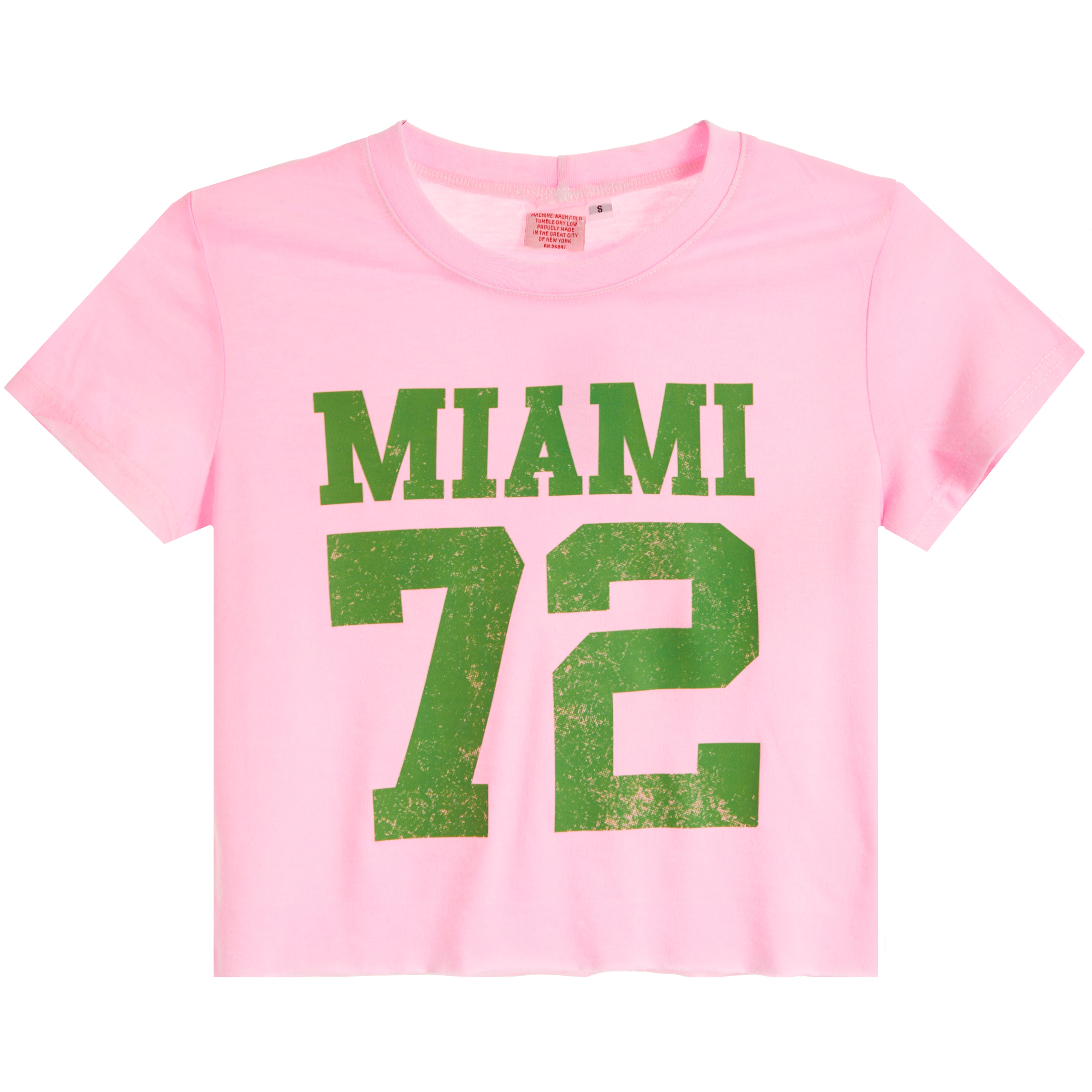 A pink short-sleeve crop top t-shirt featuring a distressed green graphic print that reads 'MIAMI 72' on the front, displayed against a solid white background.