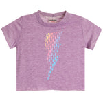 A toddler's short-sleeve t-shirt in heathered lavender purple, featuring a vertical lightning bolt graphic on the front made of small pastel lightning bolts in pink, yellow, and blue. 