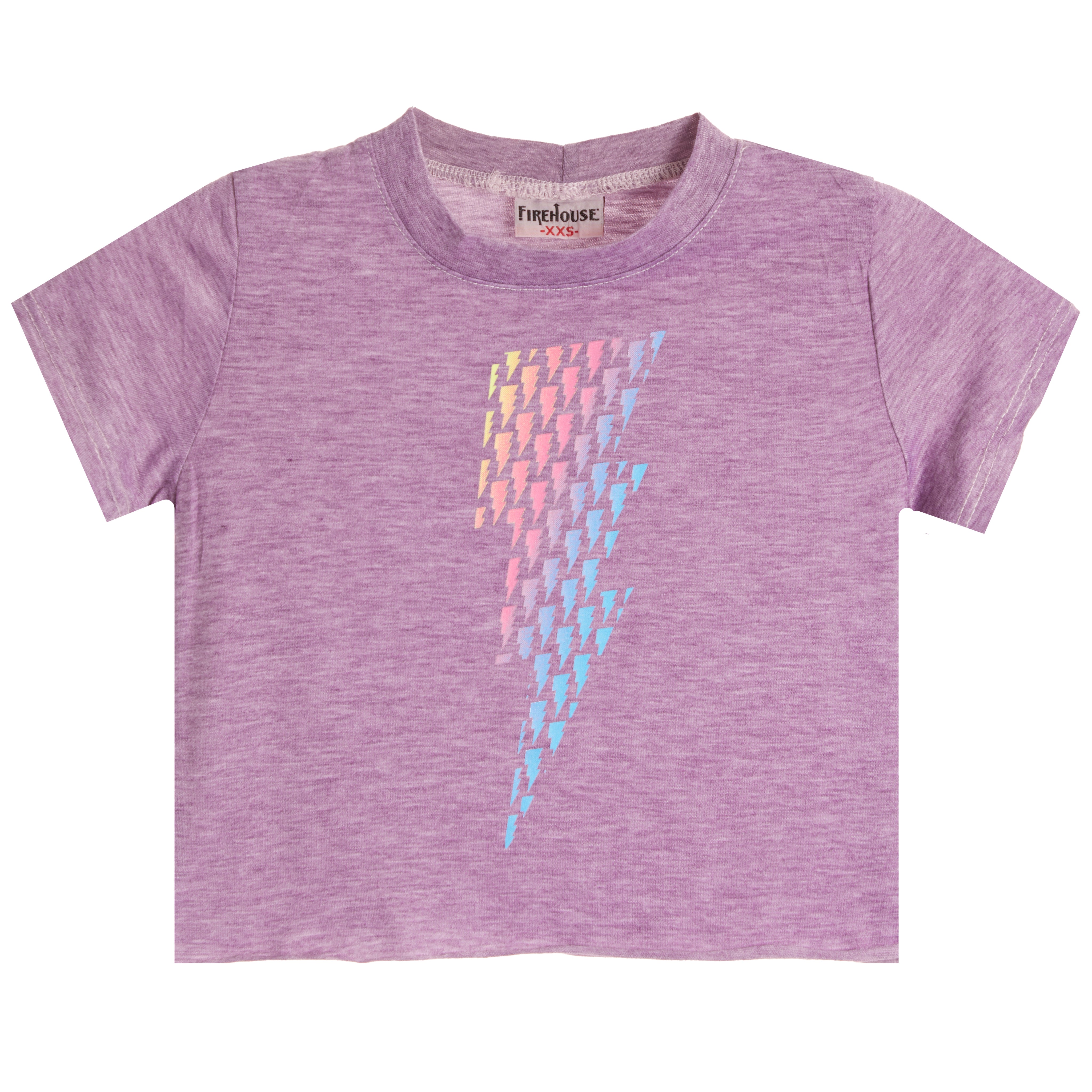 A toddler's short-sleeve t-shirt in heathered lavender purple, featuring a vertical lightning bolt graphic on the front made of small pastel lightning bolts in pink, yellow, and blue. 