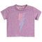 A toddler's short-sleeve t-shirt in heathered lavender purple, featuring a vertical lightning bolt graphic on the front made of small pastel lightning bolts in pink, yellow, and blue. 
