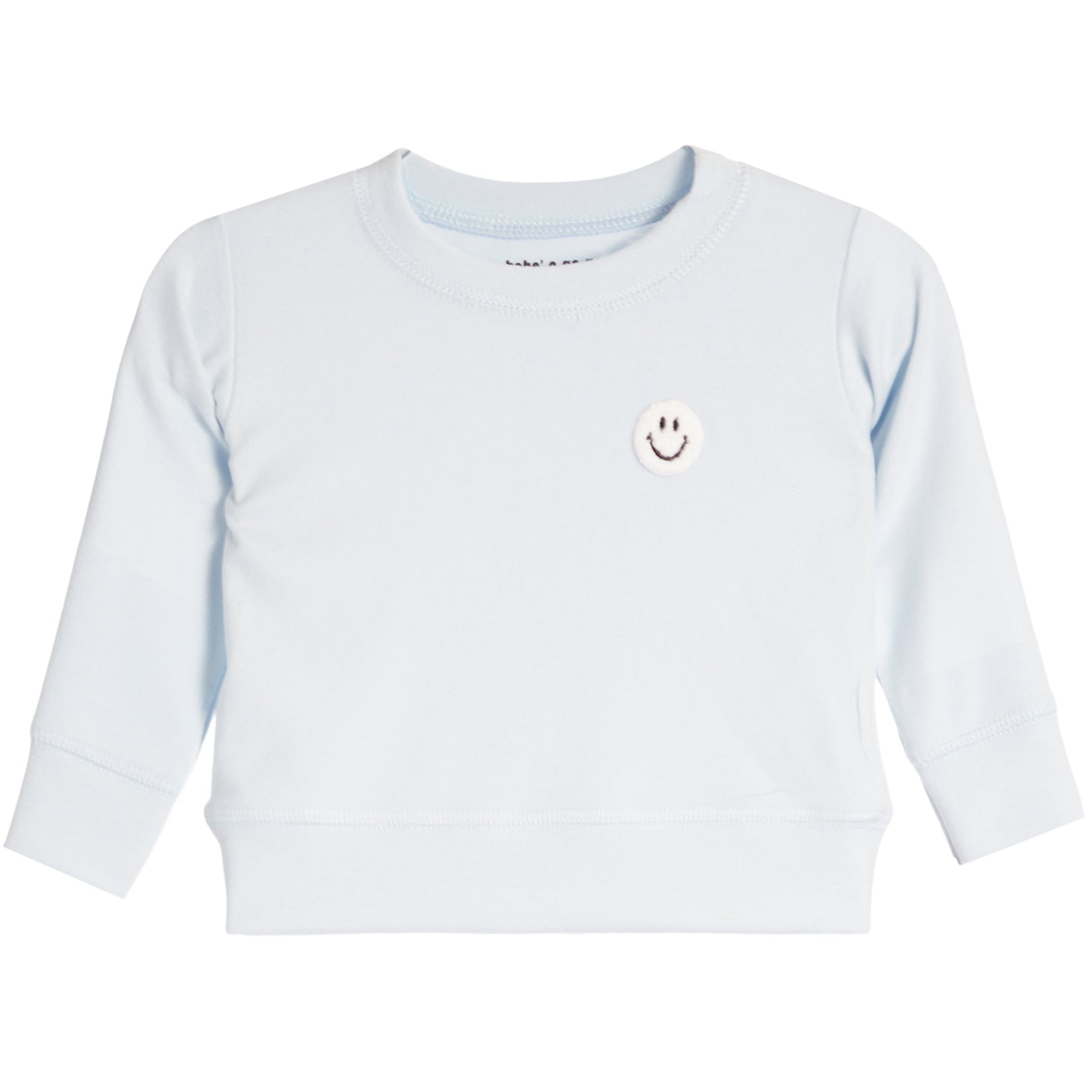A light blue long-sleeve crewneck sweatshirt for a baby or toddler, featuring a small embroidered smiley face patch on the left chest.