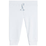 White baby jogger pants with an elastic waistband, a matching white drawstring, and ribbed ankle cuffs, shown flat on a white background.
