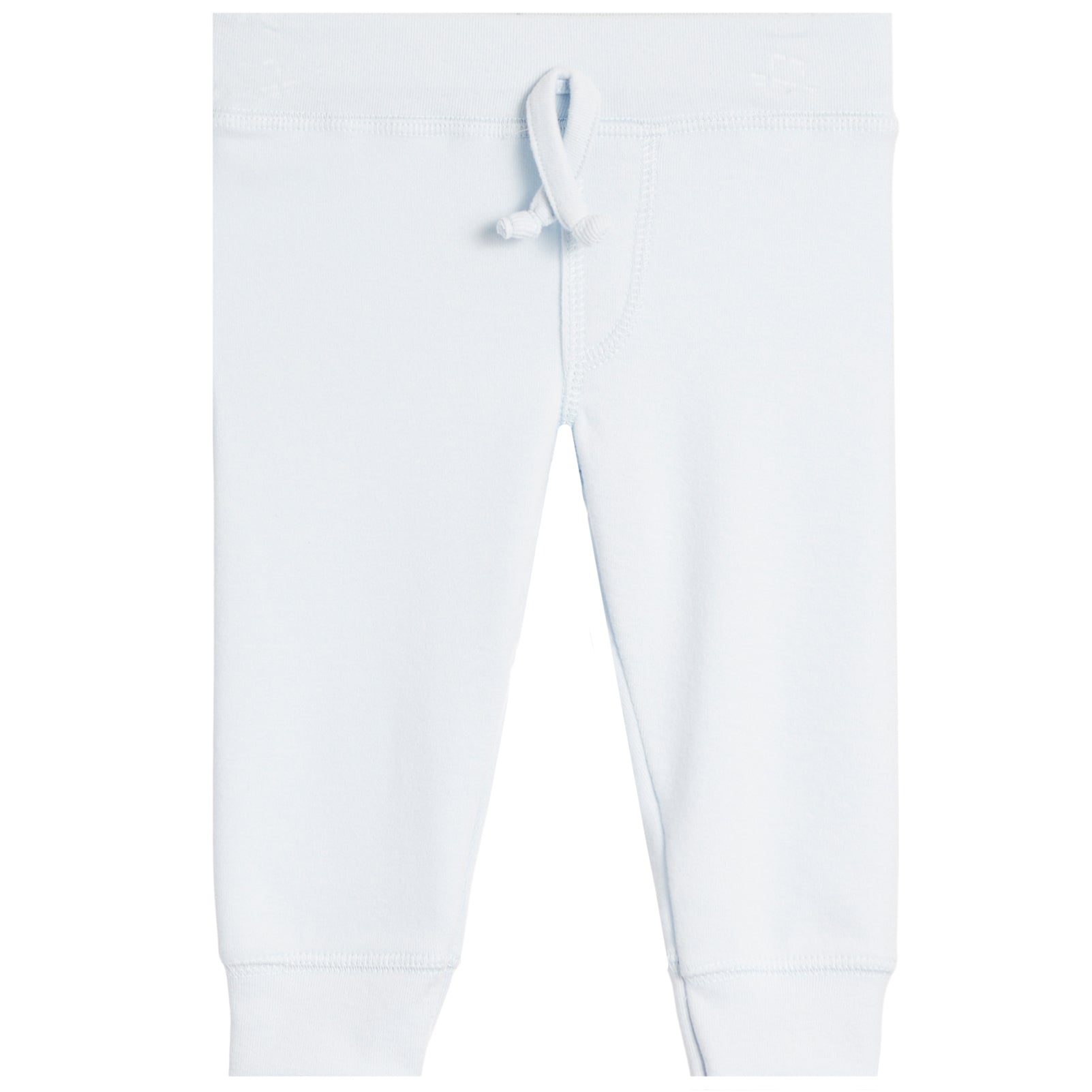 White baby jogger pants with an elastic waistband, a matching white drawstring, and ribbed ankle cuffs, shown flat on a white background.
