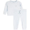 A baby or toddler two-piece loungewear set in light blue, featuring a long-sleeve sweatshirt with a small embroidered smiley face on the chest and matching jogger pants with a drawstring waist.