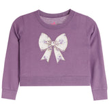 A toddler's purple long-sleeve sweatshirt featuring a large white bow with purple floral details and glitter trim on the front chest.