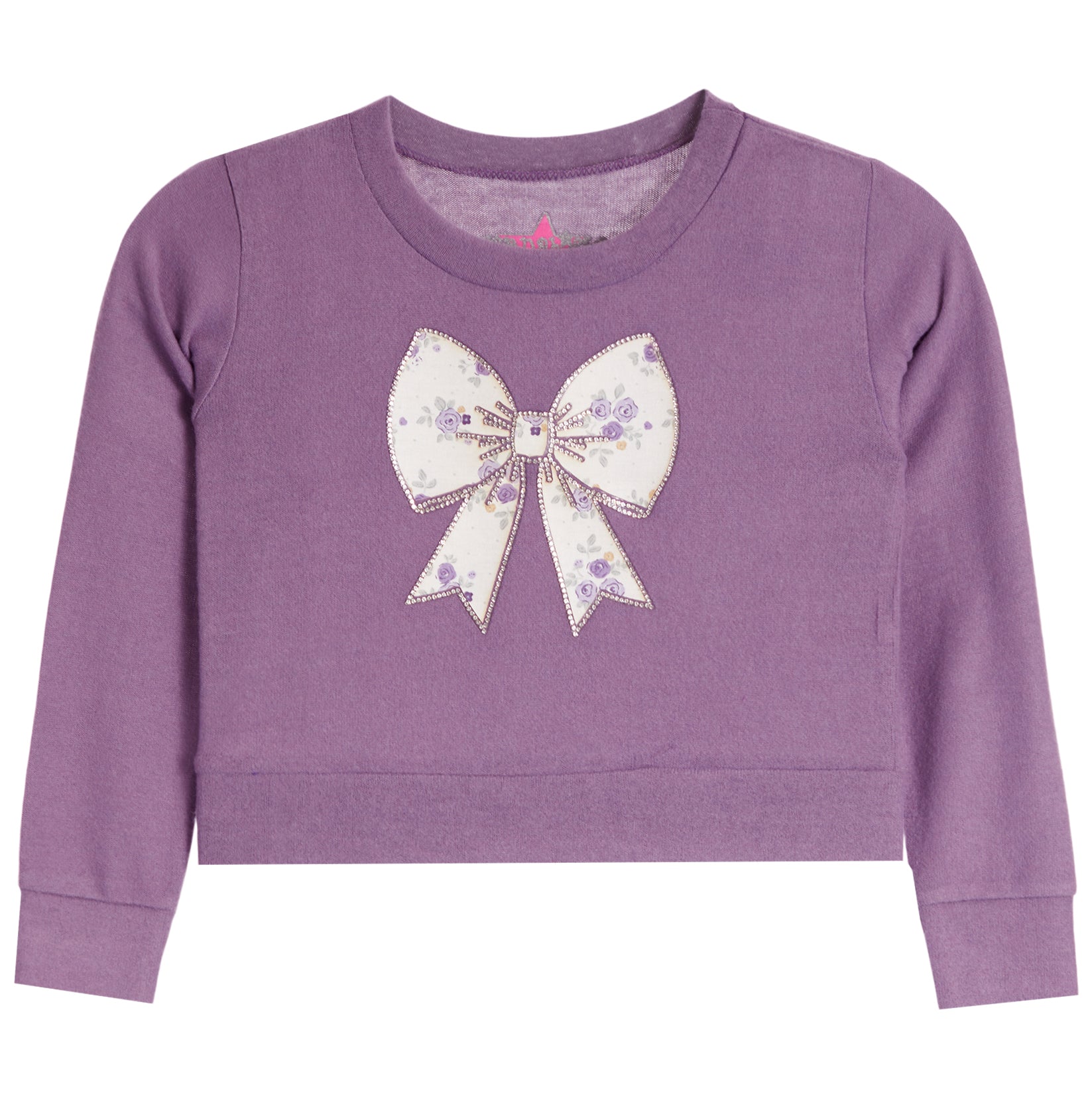 A toddler's purple long-sleeve sweatshirt featuring a large white bow with purple floral details and glitter trim on the front chest.