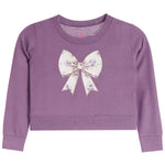 A toddler's purple long-sleeve sweatshirt featuring a large white bow with purple floral details and glitter trim on the front chest.