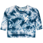 A long-sleeve sweatshirt featuring a blue and white tie-dye pattern with a white lightning bolt graphic on the chest, displayed flat against a white background.