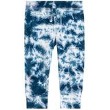 Blue and white tie-dye jogger pants with an elastic waistband and drawstring, shown flat on a white background.