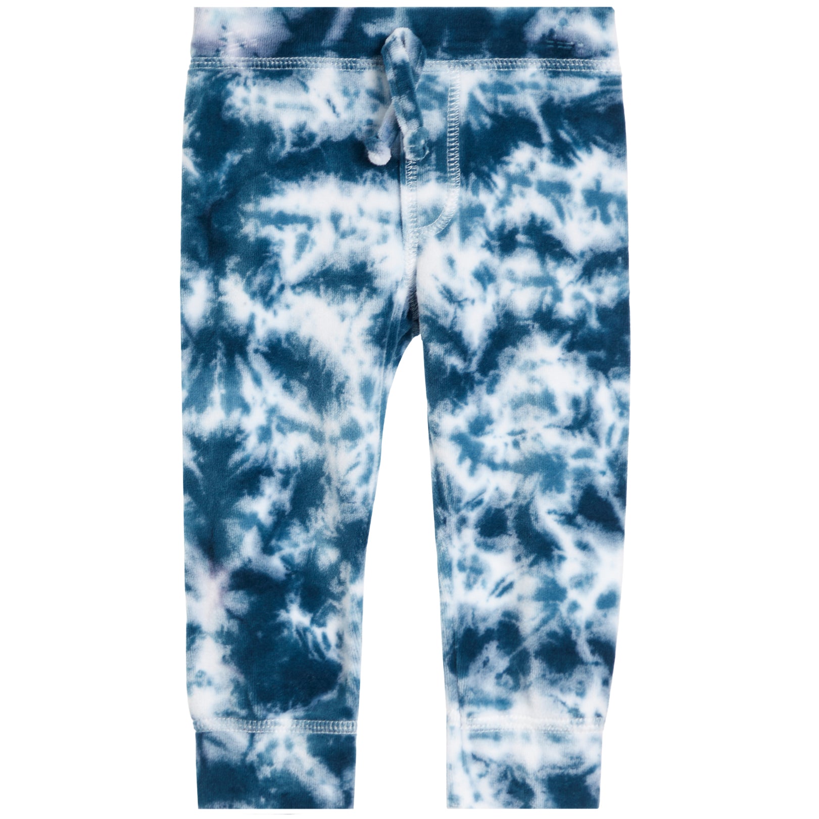 Blue and white tie-dye jogger pants with an elastic waistband and drawstring, shown flat on a white background.