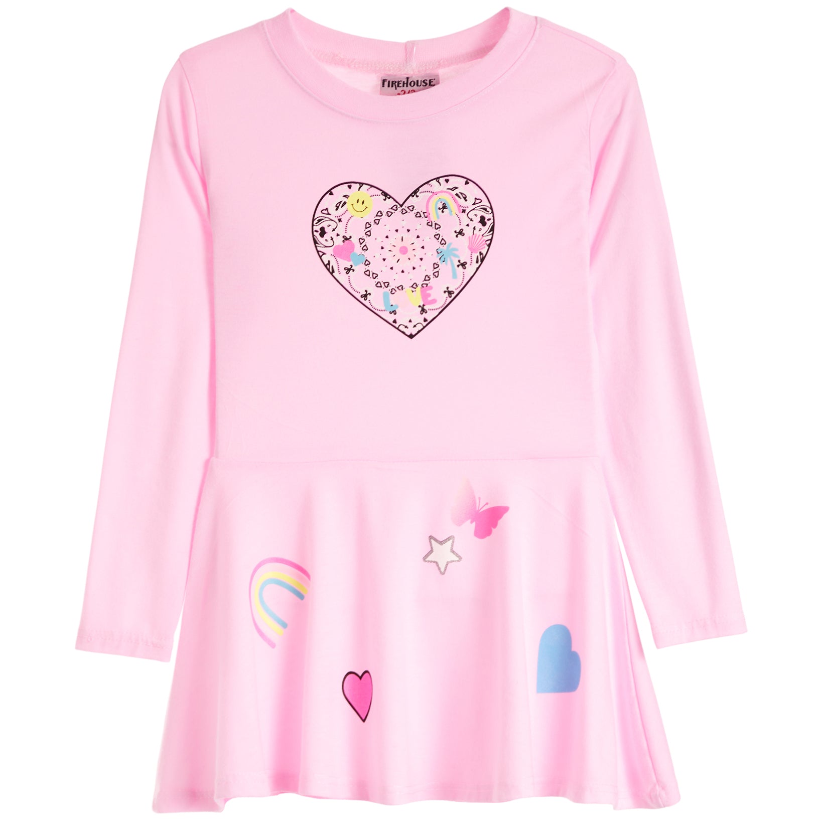 A pink long-sleeve dress for kids with a ruffled hem, featuring a large heart graphic on the chest and smaller rainbow, butterfly, and heart graphics on the front.