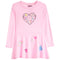 A pink long-sleeve dress for kids with a ruffled hem, featuring a large heart graphic on the chest and smaller rainbow, butterfly, and heart graphics on the front.