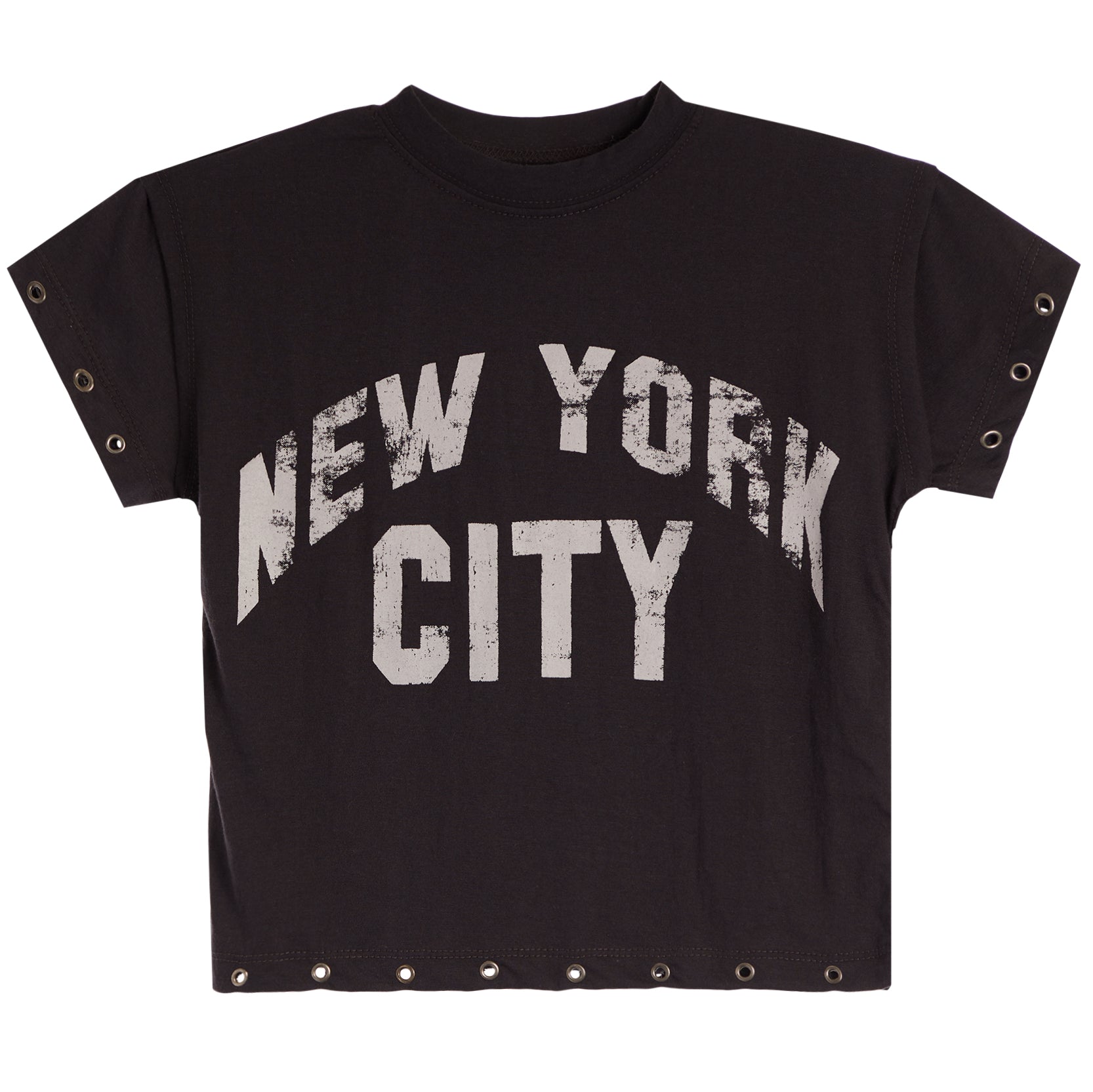 A charcoal short-sleeve crop top T-shirt featuring a distressed white arched 'NEW YORK CITY' graphic on the front, with metal eyelet details along the sleeve cuffs and hem.
