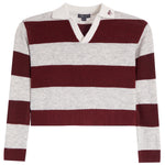 A cropped long-sleeve V-neck sweater with horizontal stripes in deep burgundy and light heather gray, featuring a ribbed hem and cuffs, and a small embroidered logo on the collar.