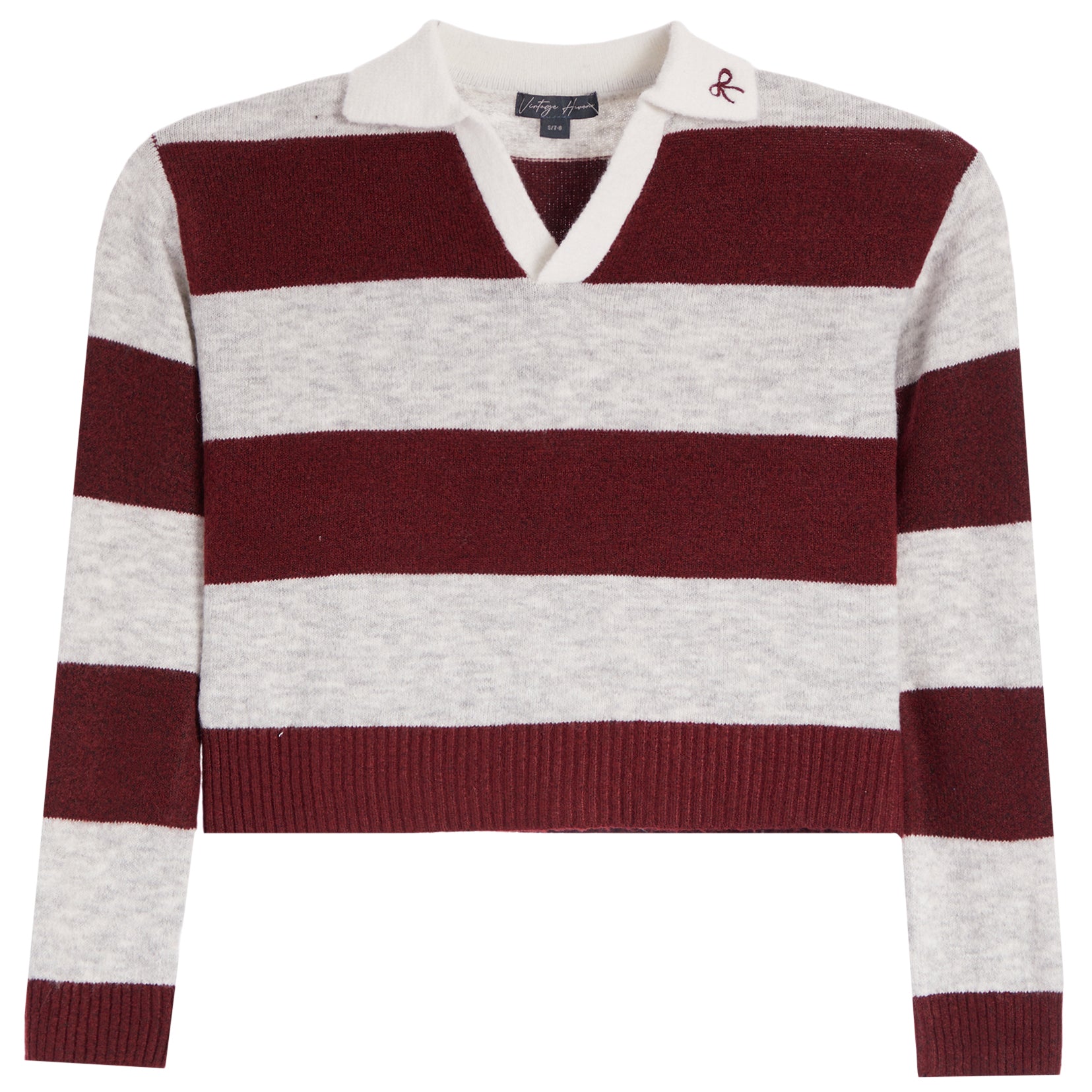 A cropped long-sleeve V-neck sweater with horizontal stripes in deep burgundy and light heather gray, featuring a ribbed hem and cuffs, and a small embroidered logo on the collar.