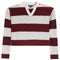 A cropped long-sleeve V-neck sweater with horizontal stripes in deep burgundy and light heather gray, featuring a ribbed hem and cuffs, and a small embroidered logo on the collar.