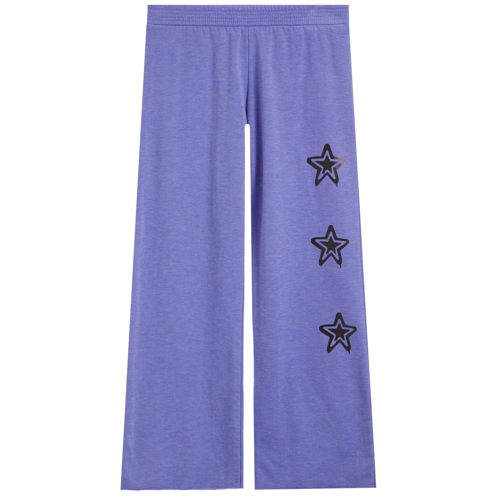 Purple wide-leg sweatpants featuring three drippy star motifs outlined in black on the right leg, displayed against a solid white background.