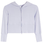 A light blue cropped zip-up hoodie with long sleeves and a hood, shown flat against a solid white background.