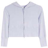A light blue cropped zip-up hoodie with long sleeves and a hood, shown flat against a solid white background.