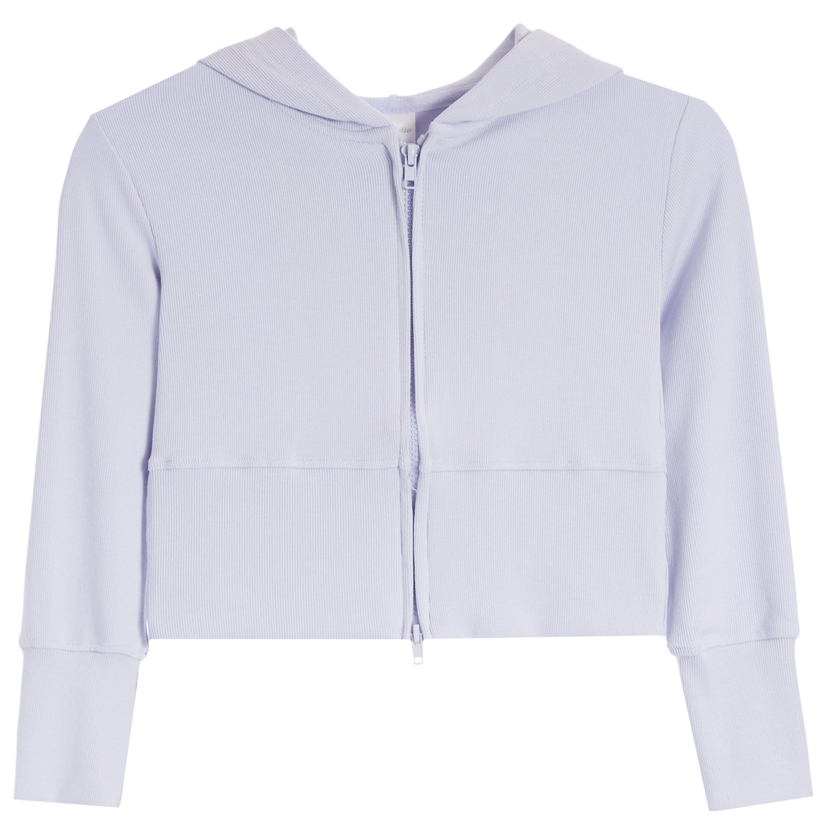 A light blue cropped zip-up hoodie with long sleeves and a hood, shown flat against a solid white background.