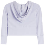 A light blue long-sleeve crop top with a draped cowl neckline, shown against a plain white background.