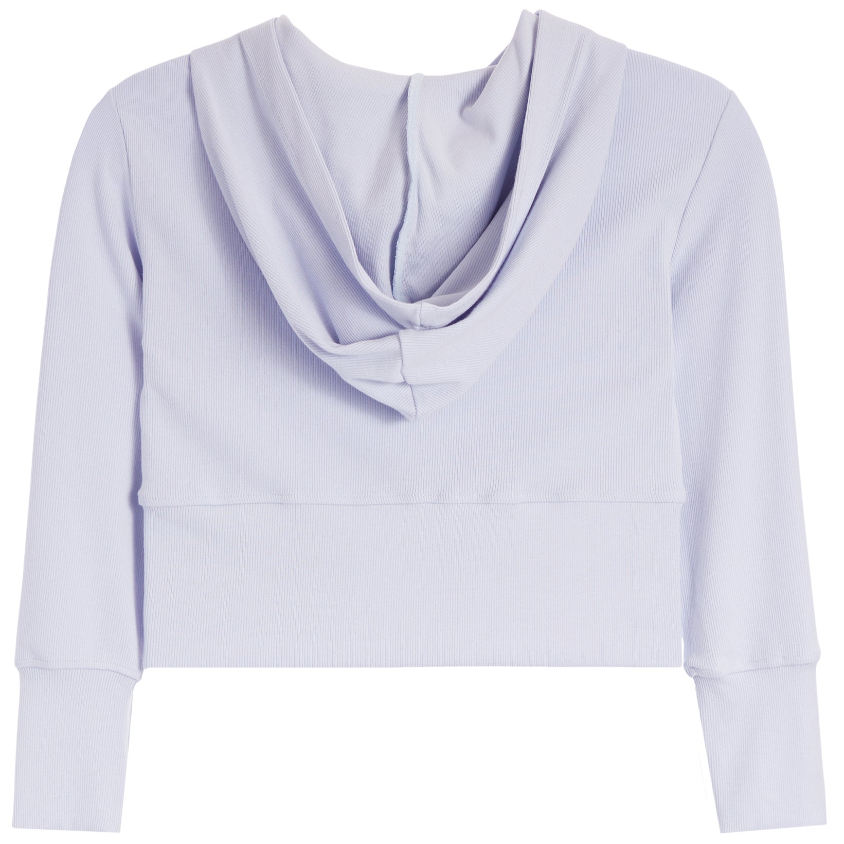A light blue long-sleeve crop top with a draped cowl neckline, shown against a plain white background.