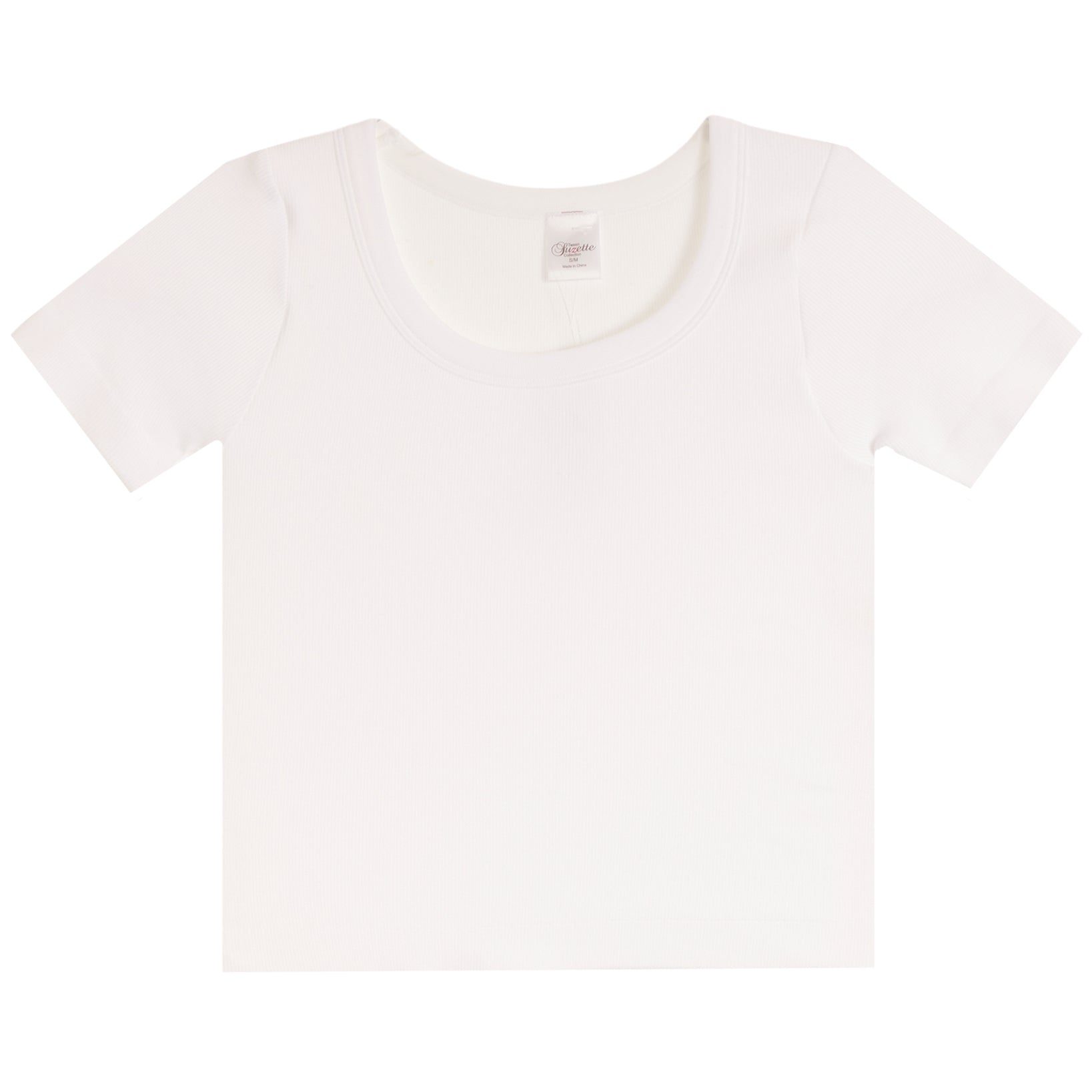 A short-sleeve crewneck t-shirt in solid white, laid flat against a clean white background.
