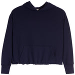A dark navy blue cropped hoodie sweatshirt with a front kangaroo pocket, displayed against a solid white background.