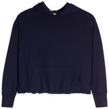 A dark navy blue cropped hoodie sweatshirt with a front kangaroo pocket, displayed against a solid white background.