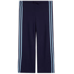 Navy blue wide-leg pants featuring light blue stripes down the outer side of each leg, with a drawstring waistband.