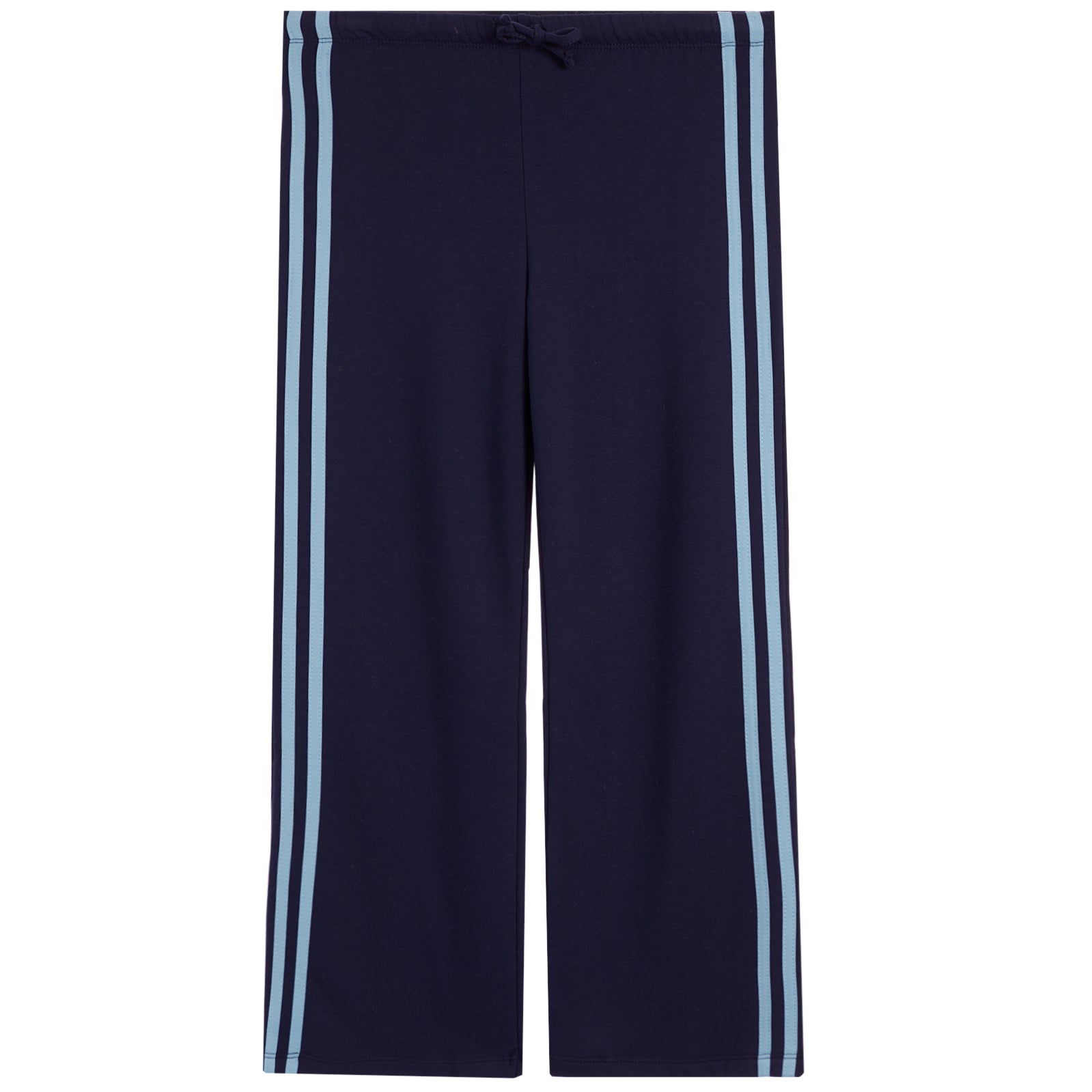 Navy blue wide-leg pants featuring light blue stripes down the outer side of each leg, with a drawstring waistband.