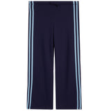 Navy blue wide-leg pants featuring light blue stripes down the outer side of each leg, with a drawstring waistband.