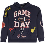 A navy blue hooded sweatshirt with a distressed 'GAME DAY' graphic on the front, featuring a football, stars, a flag, a stick figure, a yellow foam finger, and 'Go Team' text, shown on a plain white background.