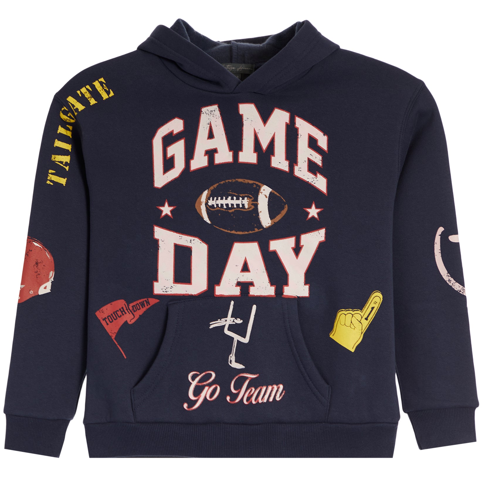 A navy blue hooded sweatshirt with a distressed 'GAME DAY' graphic on the front, featuring a football, stars, a flag, a stick figure, a yellow foam finger, and 'Go Team' text, shown on a plain white background.