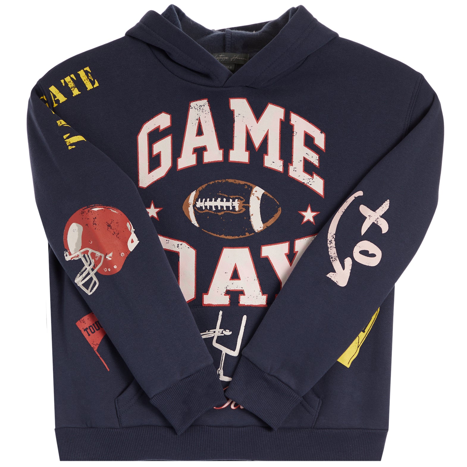 A navy blue hooded sweatshirt with a distressed 'GAME DAY' football graphic on the front, featuring a football, stars, and a red helmet illustration on the sleeves, shown against a plain white background.