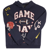 A navy blue hooded sweatshirt with a distressed 'GAME DAY' football graphic on the front, featuring a football, stars, and a red helmet illustration on the sleeves, shown against a plain white background.